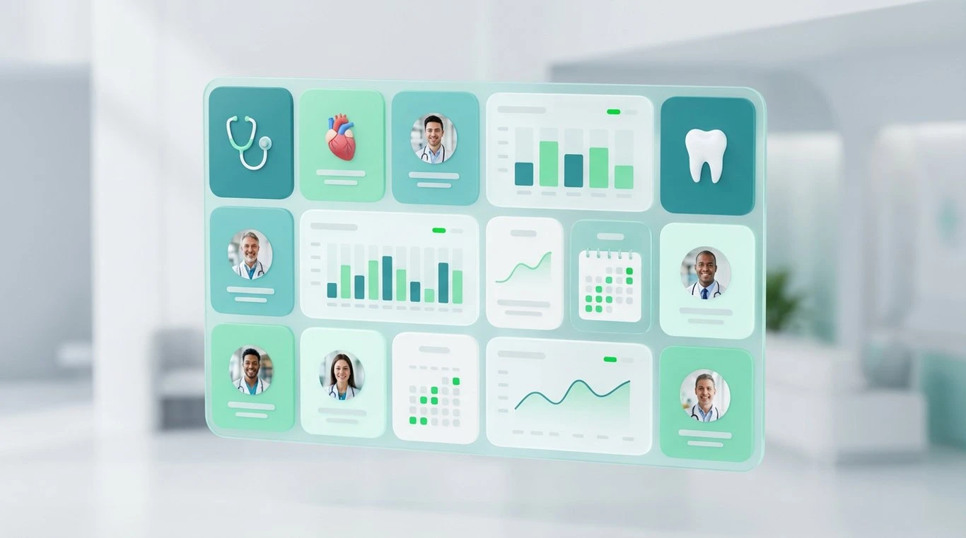 Interface médicale 3D isométrique avec grille bento