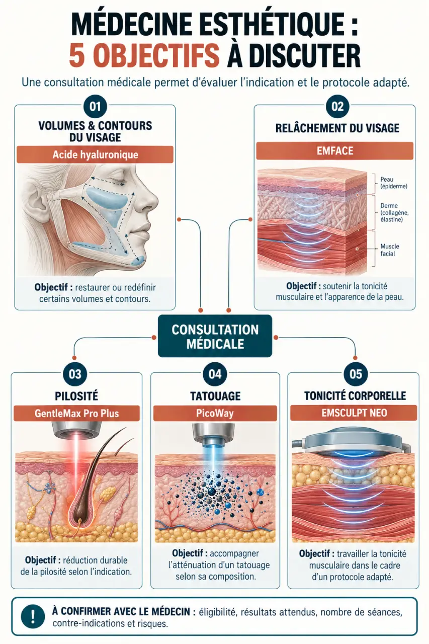 Infographie des traitements évoqués au cabinet du Dr Fabiani à Cenon selon l’objectif esthétique