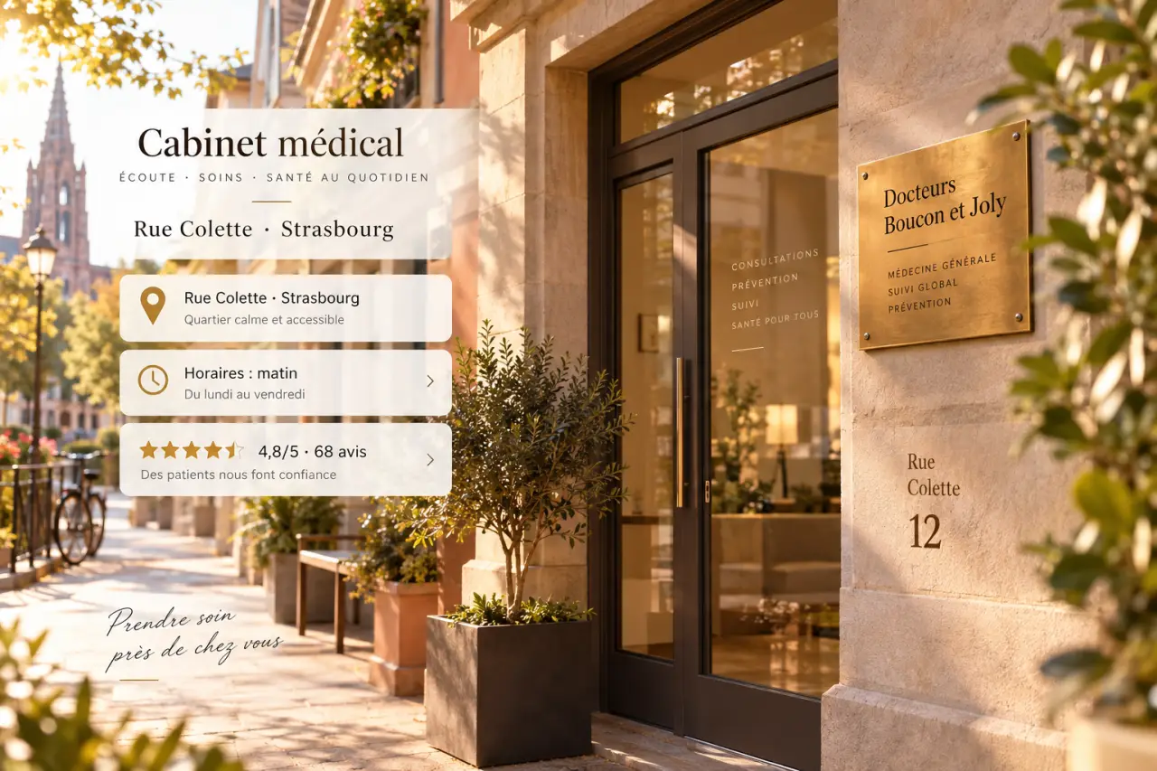Docteurs Boucon et Joly rue Colette à Strasbourg : horaires resserrés le matin et 4,8/5 sur 68 avis