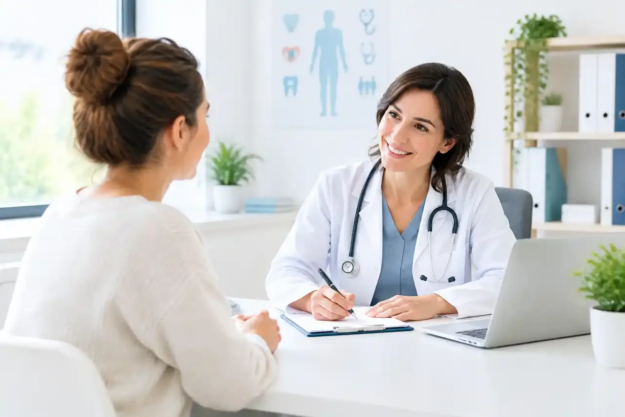 Patient échangeant avec un médecin dans un cabinet lumineux