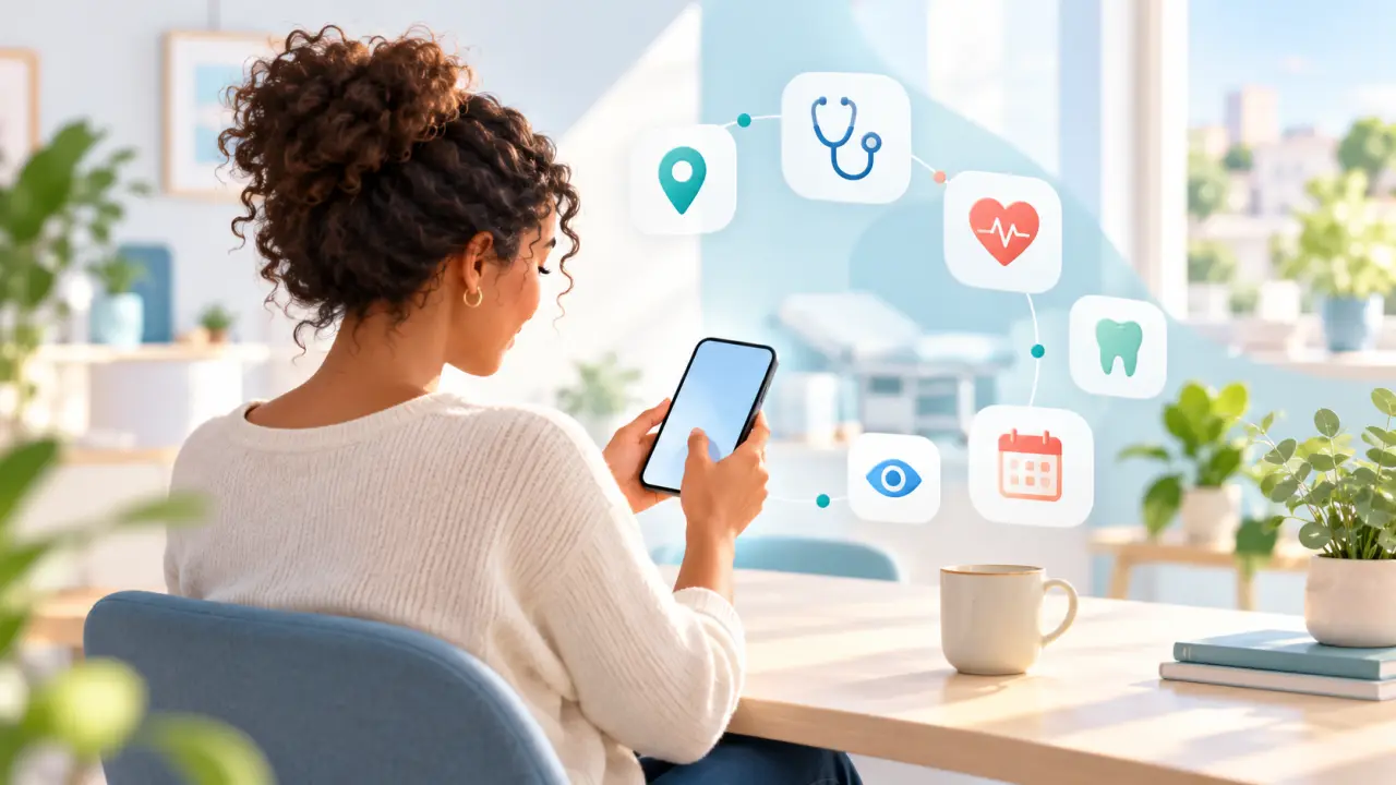 Patient préparant sa recherche de médecin avec un téléphone et un carnet