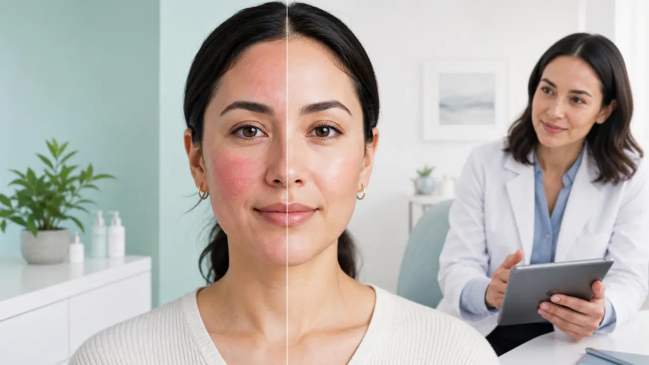 Illustration moderne d’un parcours dermatologique autour de la peau réactive