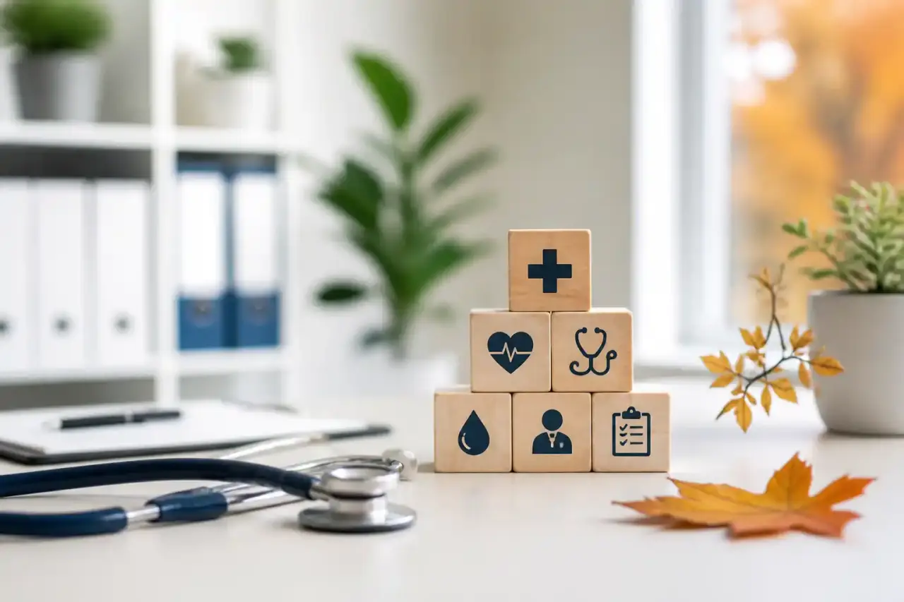 Interface médicale digitale présentant une checklist santé d’automne et des spécialistes