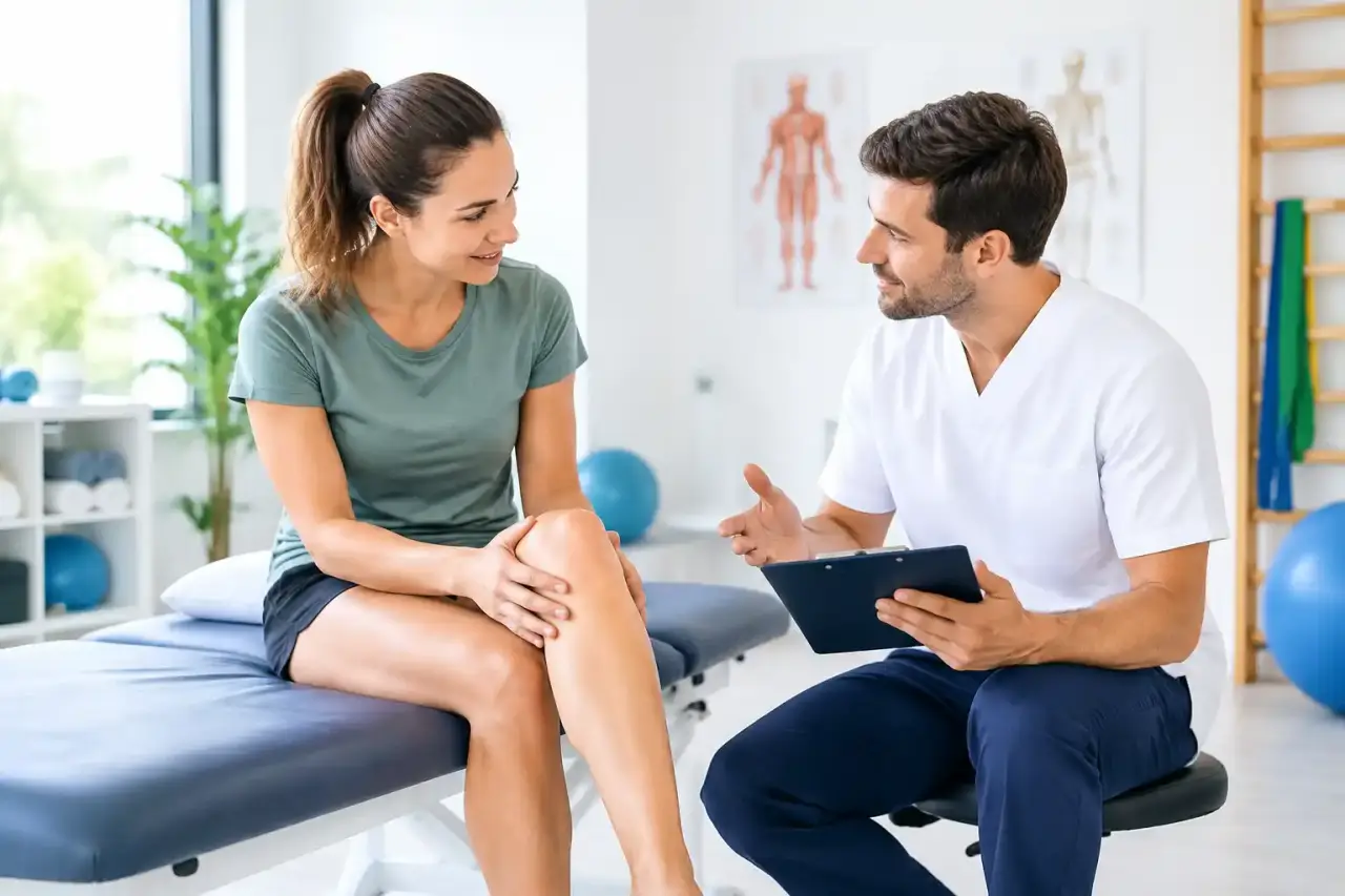 Patient échangeant avec un kinésithérapeute dans un cabinet lumineux