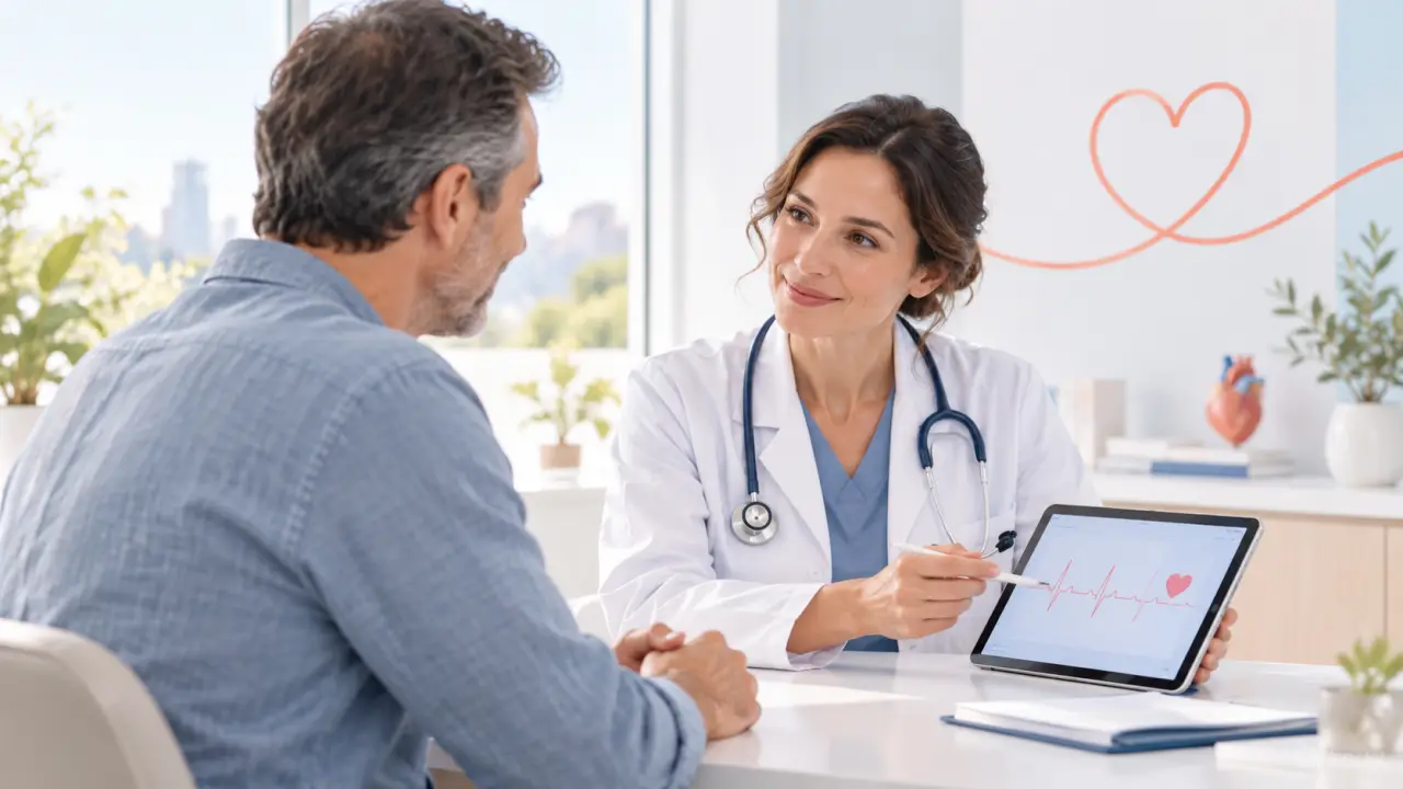 Patient échangeant avec un cardiologue dans un cabinet médical